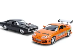Dom's 1970 Dodge Charger R/T Black and Brian's Toyota Supra Orange with Graphics Set of 2 Cars