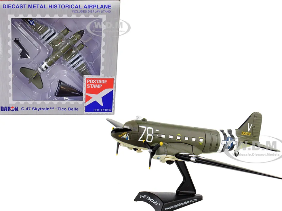 Douglas C 47 Skytrain Transport Aircraft Tico Belle 82nd Airborne Division D Day 1945 United States Army Air Forces 1/144 Diecast Model Airplane Postage Stamp PS5558-3