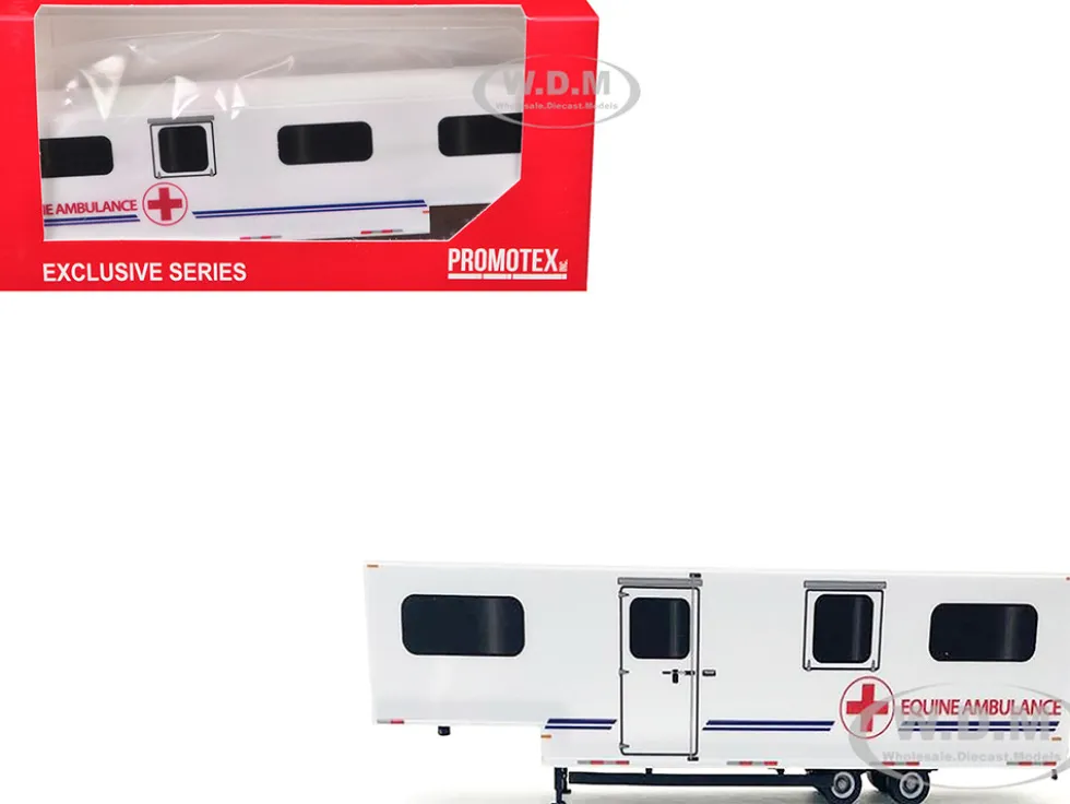 Equine Ambulance Trailer White with Blue Stripes 1/87 (HO) Plastic Model by Promotex