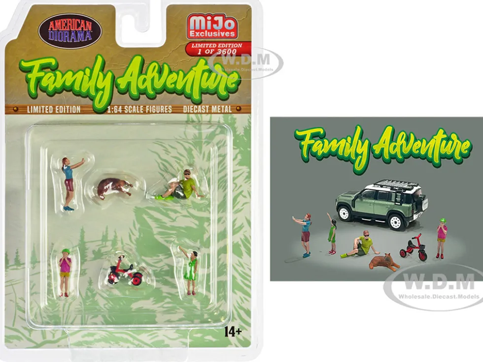 Family Adventure 6 piece Diecast Figure Set 4 Figures 1 Dog 1 Tricycle Limited Edition to 3600 pieces Worldwide 1/64 Scale Models American Diorama AD-76513MJ