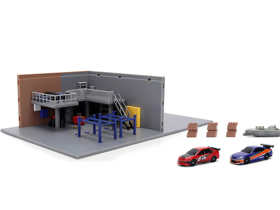 Fast & Furious Han's Garage Diorama with 2 Cars and Accessories "Nano Scene" Series 1/32 Model by Jada