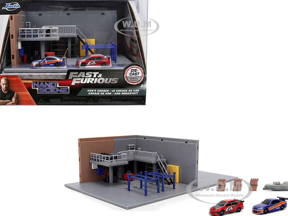Fast & Furious Han's Garage Diorama with 2 Cars and Accessories "Nano Scene" Series 1/32 Model by Jada