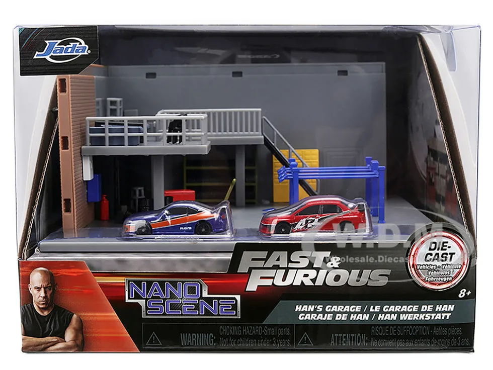 Fast & Furious Han's Garage Diorama with 2 Cars and Accessories "Nano Scene" Series 1/32 Model by Jada
