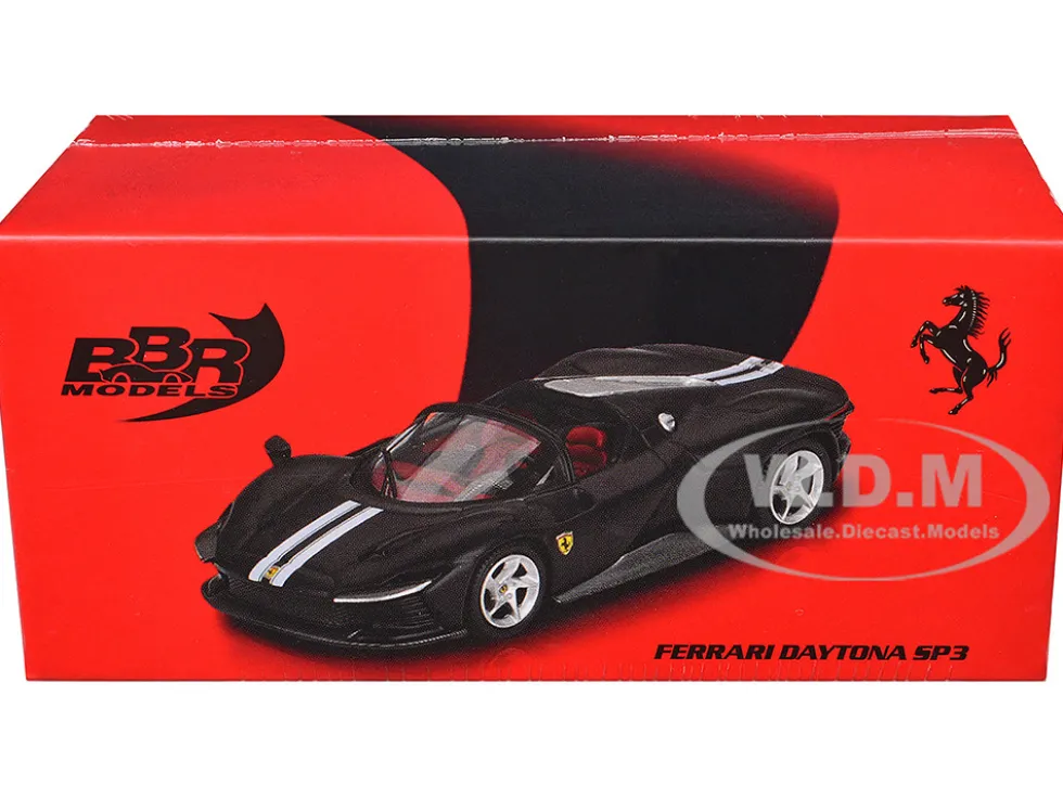 Ferrari Daytona SP3 Matt Black with White Stripes and Red Interior 1/64 Diecast Model Car by BBR
