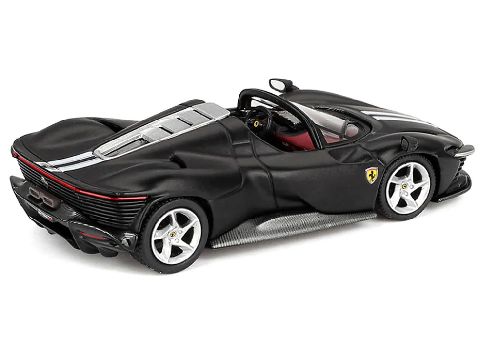 Ferrari Daytona SP3 Matt Black with White Stripes and Red Interior 1/64 Diecast Model Car by BBR