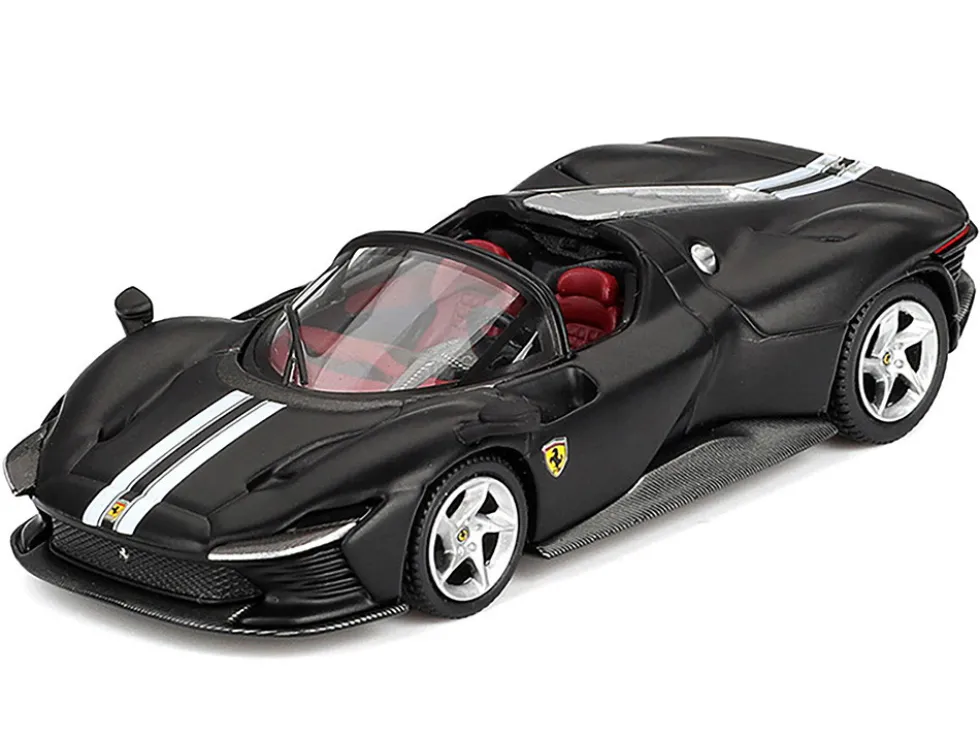 Ferrari Daytona SP3 Matt Black with White Stripes and Red Interior 1/64 Diecast Model Car by BBR
