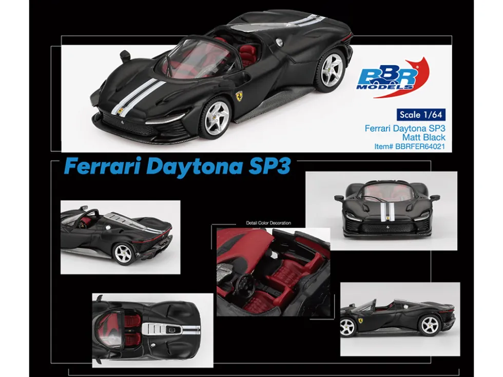 Ferrari Daytona SP3 Matt Black with White Stripes and Red Interior 1/64 Diecast Model Car by BBR