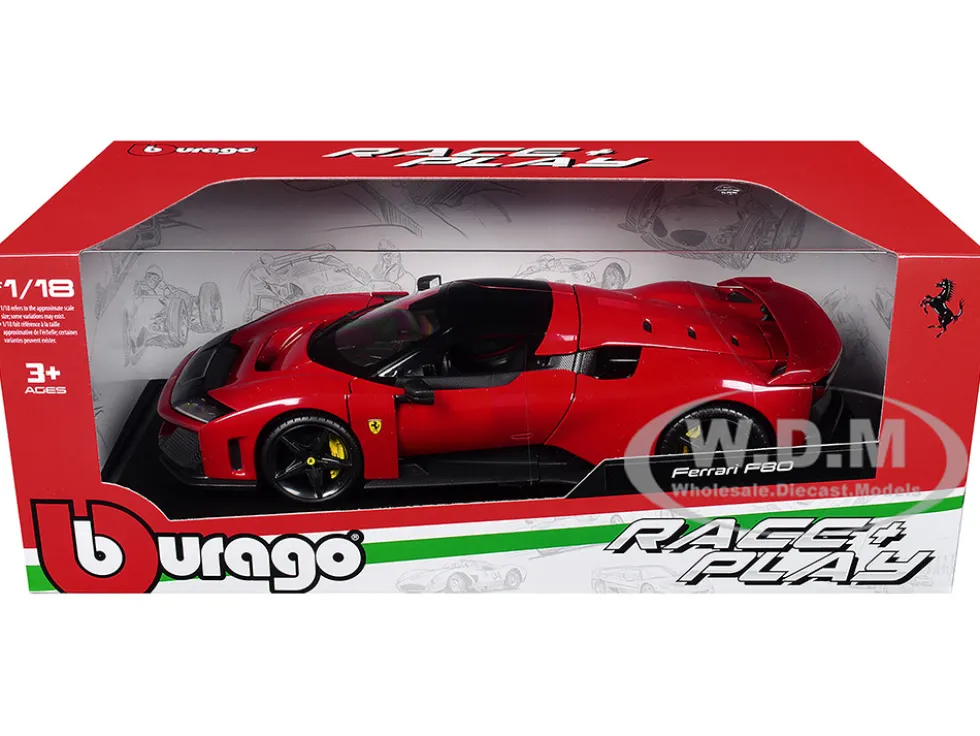 Ferrari F80 Red with Black Top "Race + Play" Series 1/18 Diecast Model Car by Bburago