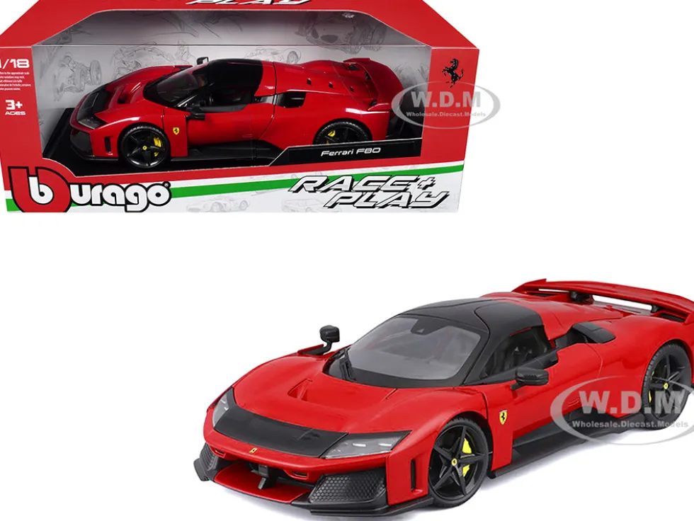 Ferrari F80 Red with Black Top "Race + Play" Series 1/18 Diecast Model Car by Bburago