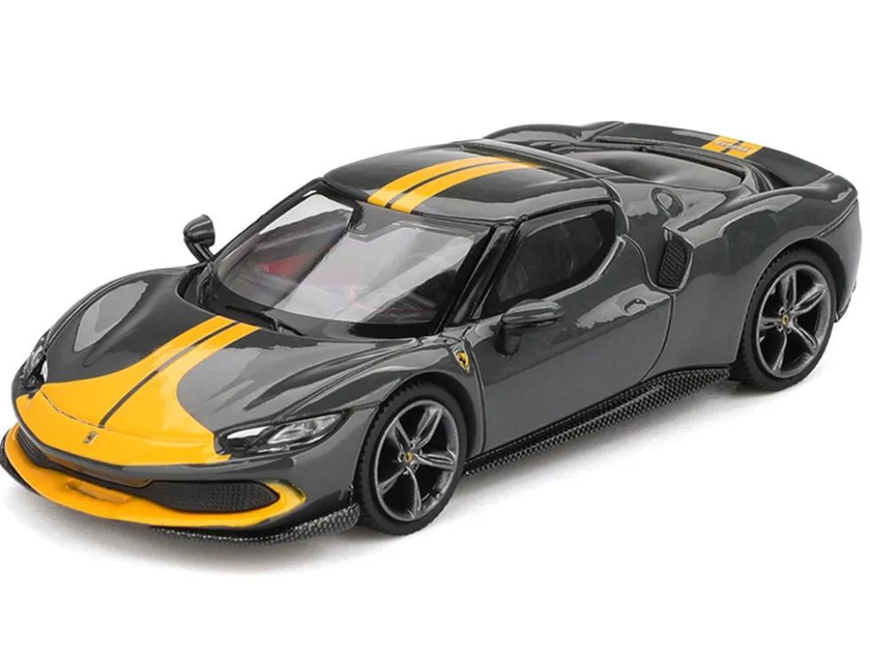 Ferrari 296 GTB Assetto Fiorano Grigio Scuro (Dark Gray) with Yellow Stripes 1/64 Diecast Model Car by BBR
