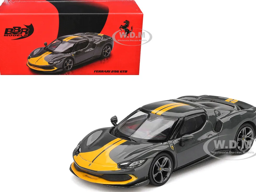 Ferrari 296 GTB Assetto Fiorano Grigio Scuro (Dark Gray) with Yellow Stripes 1/64 Diecast Model Car by BBR
