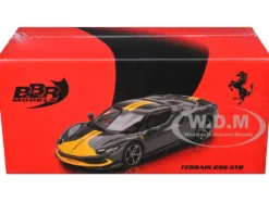 Ferrari 296 GTB Assetto Fiorano Grigio Scuro (Dark Gray) with Yellow Stripes 1/64 Diecast Model Car by BBR
