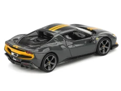 Ferrari 296 GTB Assetto Fiorano Grigio Scuro (Dark Gray) with Yellow Stripes 1/64 Diecast Model Car by BBR