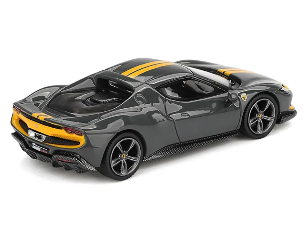 Ferrari 296 GTB Assetto Fiorano Grigio Scuro (Dark Gray) with Yellow Stripes 1/64 Diecast Model Car by BBR