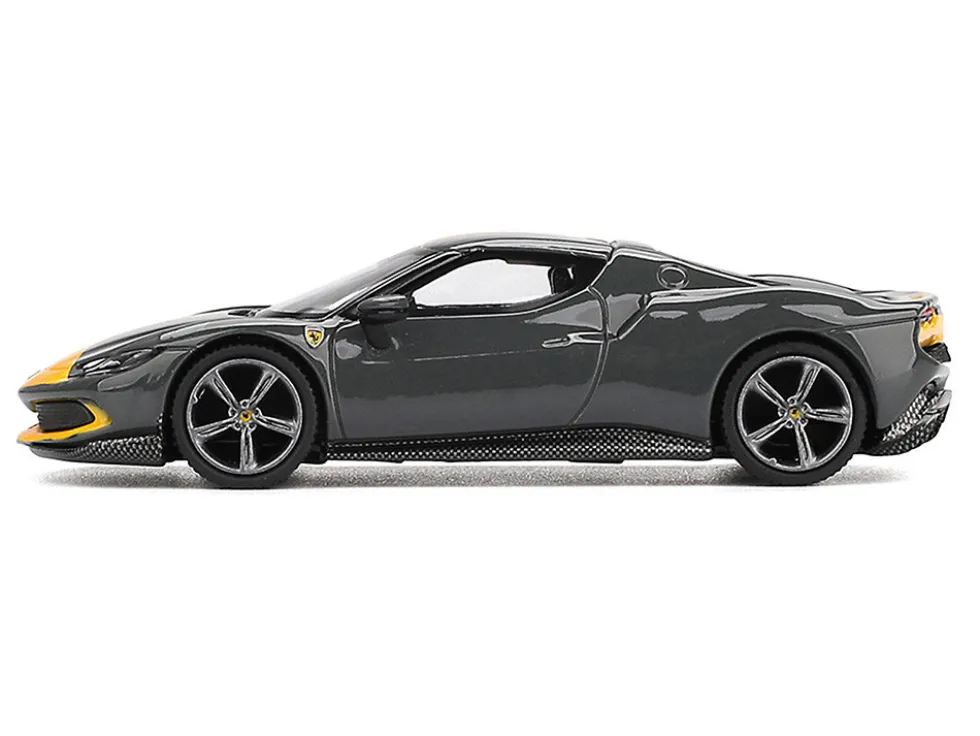 Ferrari 296 GTB Assetto Fiorano Grigio Scuro (Dark Gray) with Yellow Stripes 1/64 Diecast Model Car by BBR