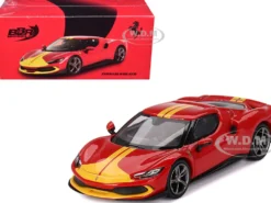 Ferrari 296 GTB Assetto Fiorano Rosso Corsa Red with Yellow Stripes 1/64 Diecast Model Car by BBR