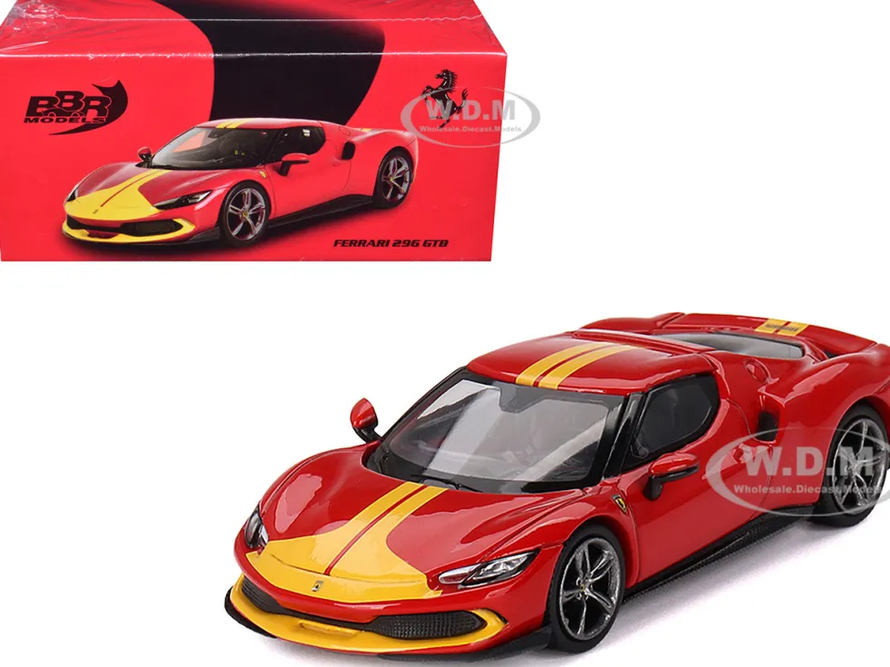 Ferrari 296 GTB Assetto Fiorano Rosso Corsa Red with Yellow Stripes 1/64 Diecast Model Car by BBR