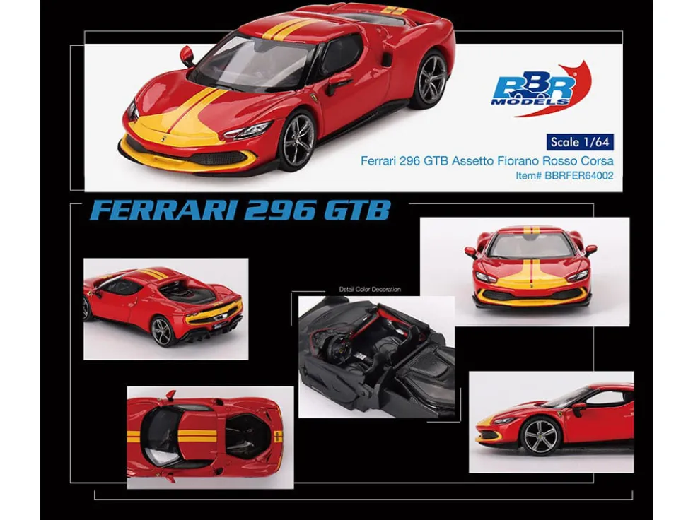 Ferrari 296 GTB Assetto Fiorano Rosso Corsa Red with Yellow Stripes 1/64 Diecast Model Car by BBR