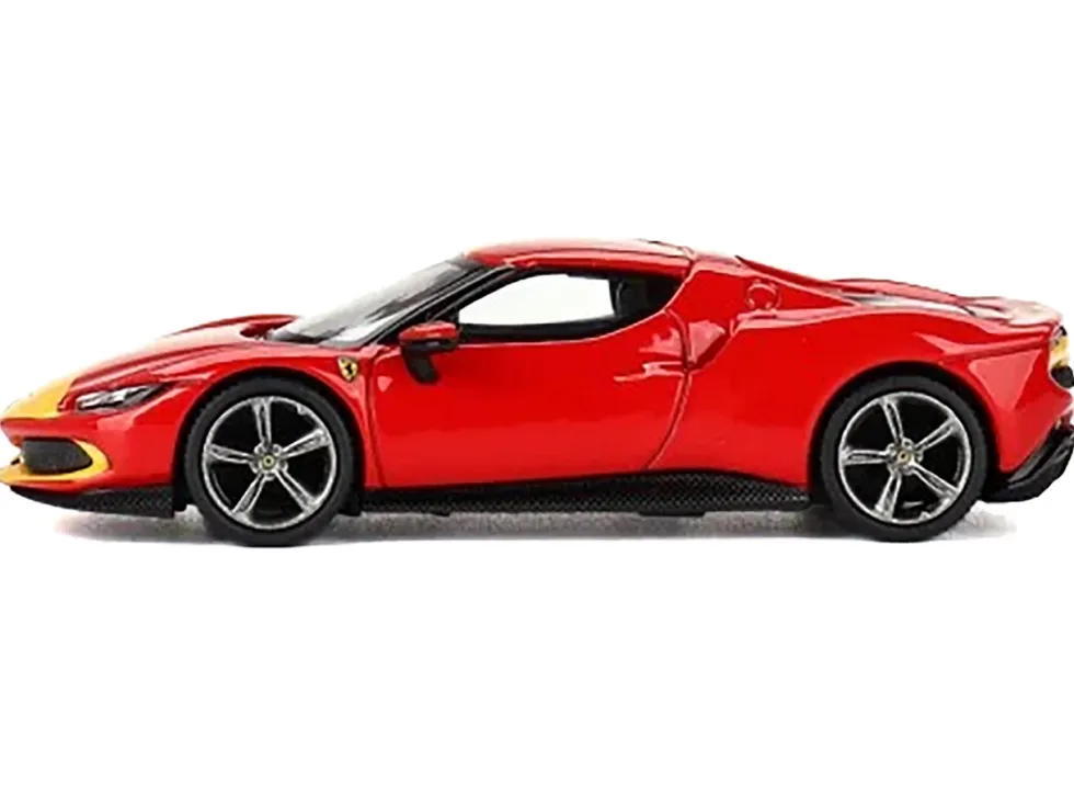 Ferrari 296 GTB Assetto Fiorano Rosso Corsa Red with Yellow Stripes 1/64 Diecast Model Car by BBR