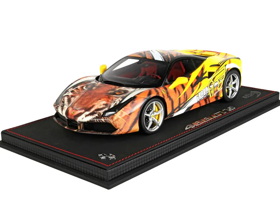 Ferrari 488 GTB IPE Exhaust Giallo Modena Yellow with Tiger Graphics with DISPLAY CASE Limited Edition to 100 pieces Worldwide 1/18 Model Car BBR P18221