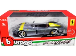 Ferrari Monza SP1 Silver Metallic Yellow Stripes 1/24 Diecast Model Car Bburago 26027