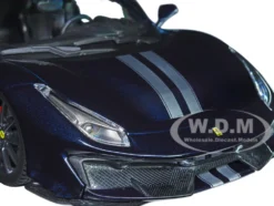 Ferrari 488 Pista Dark Blue Metallic Silver Stripes 1/24 Diecast Model Car Bburago 26026