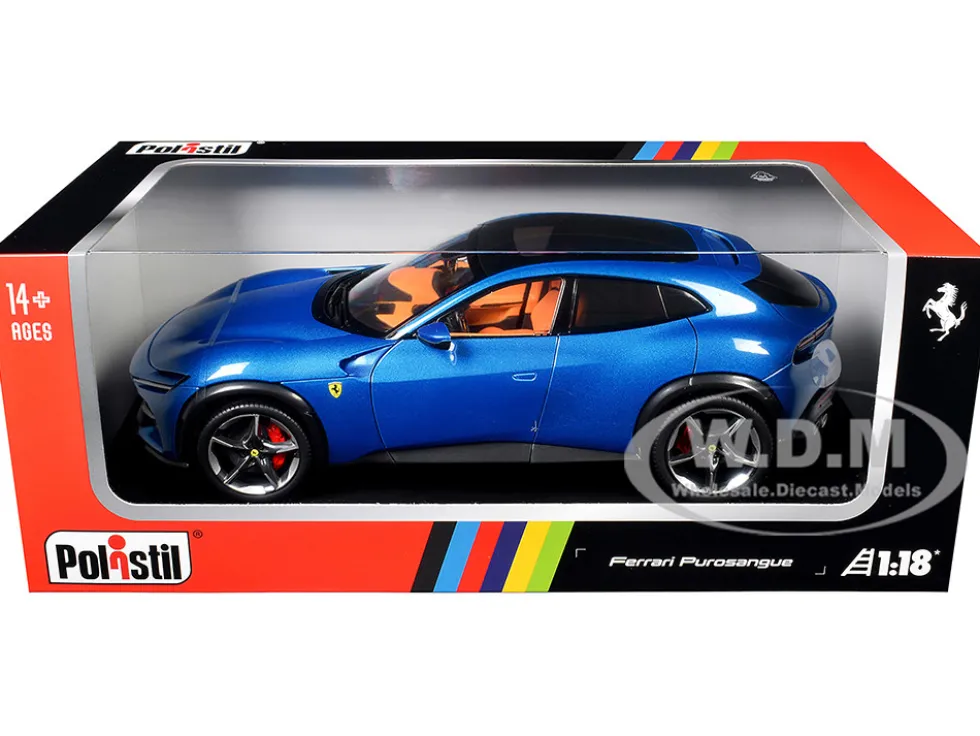 2022 Ferrari Purosangue Blu Corsa Blue Metallic with Black Top and Orange Interior 1/18 Diecast Model Car by Polistil