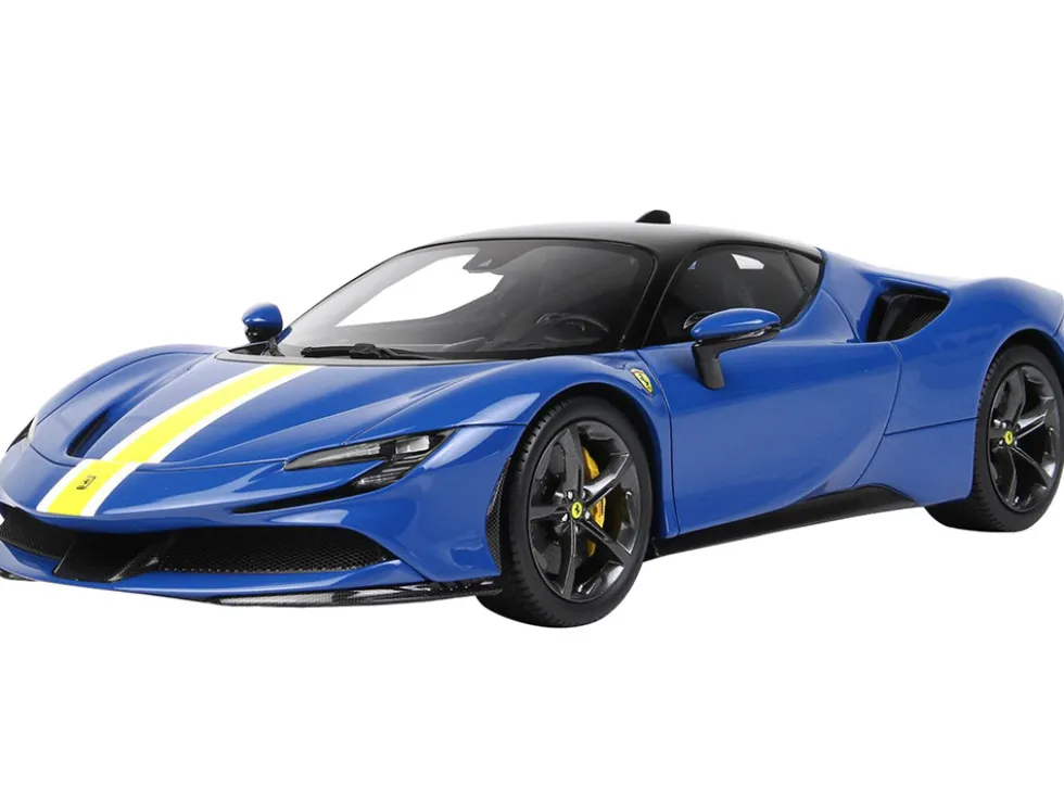 2019 Ferrari SF90 Stradale Azzurro Dino Blue Yellow White Stripes DISPLAY CASE Limited Edition 99 pieces Worldwide 1/18 Model Car BBR P18180F