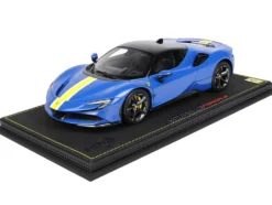 2019 Ferrari SF90 Stradale Azzurro Dino Blue Yellow White Stripes DISPLAY CASE Limited Edition 99 pieces Worldwide 1/18 Model Car BBR P18180F