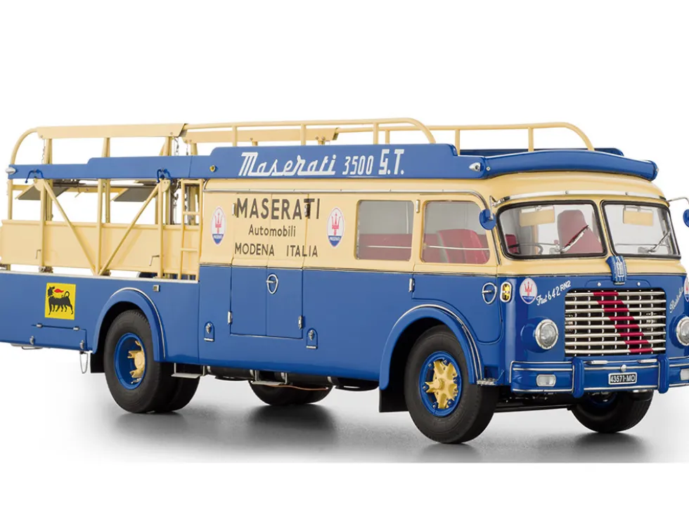 Fiat 642 RN2 Bartoletti Car Transporter "Maserati Racing" Blue and Cream 1/18 Diecast Model Car by CMC