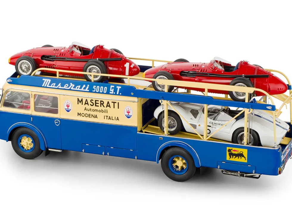 Fiat 642 RN2 Bartoletti Car Transporter "Maserati Racing" Blue and Cream 1/18 Diecast Model Car by CMC
