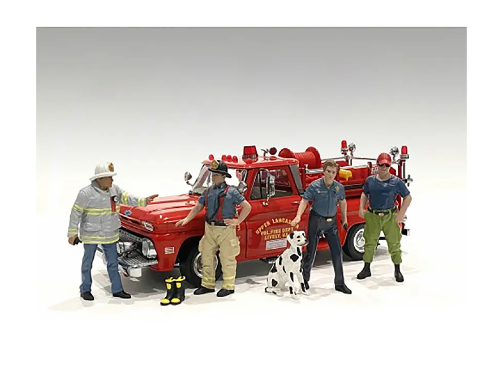 Firefighters 6 piece Figure Set 4 Males 1 Dog 1 Accessory 1/18 Scale Models American Diorama 76318-76319-76320-76321