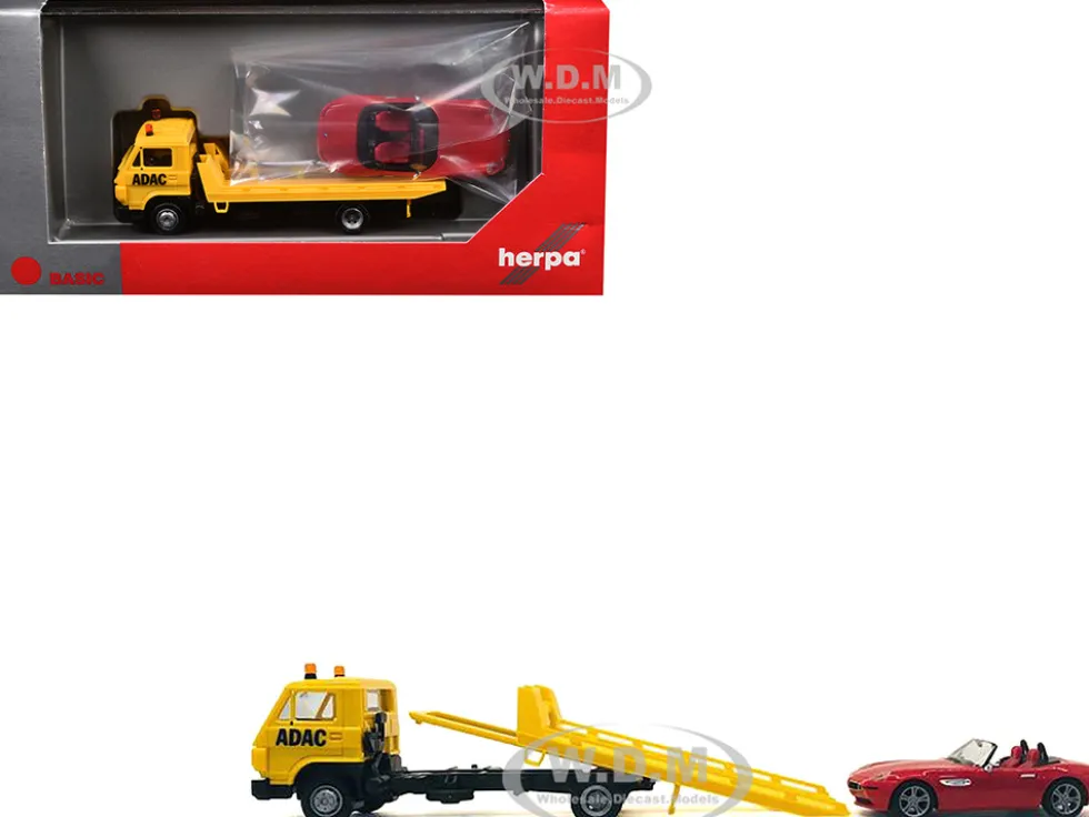 Flatbed Tow Truck "ADAC" Yellow and BMW Z4 Convertible Red Set of 2 pieces 1/87 (HO) Plastic Model Cars by Promotex