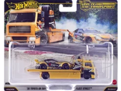 Fleet Street Flatbed Truck Yellow with Graphics and 2020 Toyota GR Supra #15 Yellow with Black Graphics "Papadakis Racing" "Team Transport - Car Culture" Series Diecast Model Cars by Hot Wheels