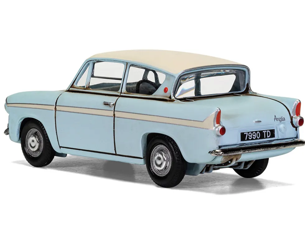 Flying Ford Anglia RHD (Right Hand Drive) Light Blue with White Top (Weathered) with Harry and Ron Figures "Harry Potter" Movie Series Diecast Model Car by Corgi