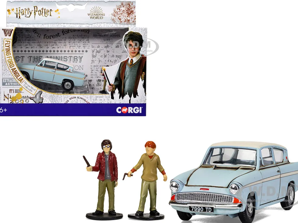 Flying Ford Anglia RHD (Right Hand Drive) Light Blue with White Top (Weathered) with Harry and Ron Figures "Harry Potter" Movie Series Diecast Model Car by Corgi