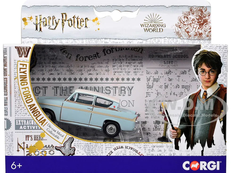 Flying Ford Anglia RHD (Right Hand Drive) Light Blue with White Top (Weathered) with Harry and Ron Figures "Harry Potter" Movie Series Diecast Model Car by Corgi