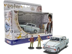 Flying Ford Anglia RHD (Right Hand Drive) Light Blue with White Top (Weathered) with Harry and Ron Figures