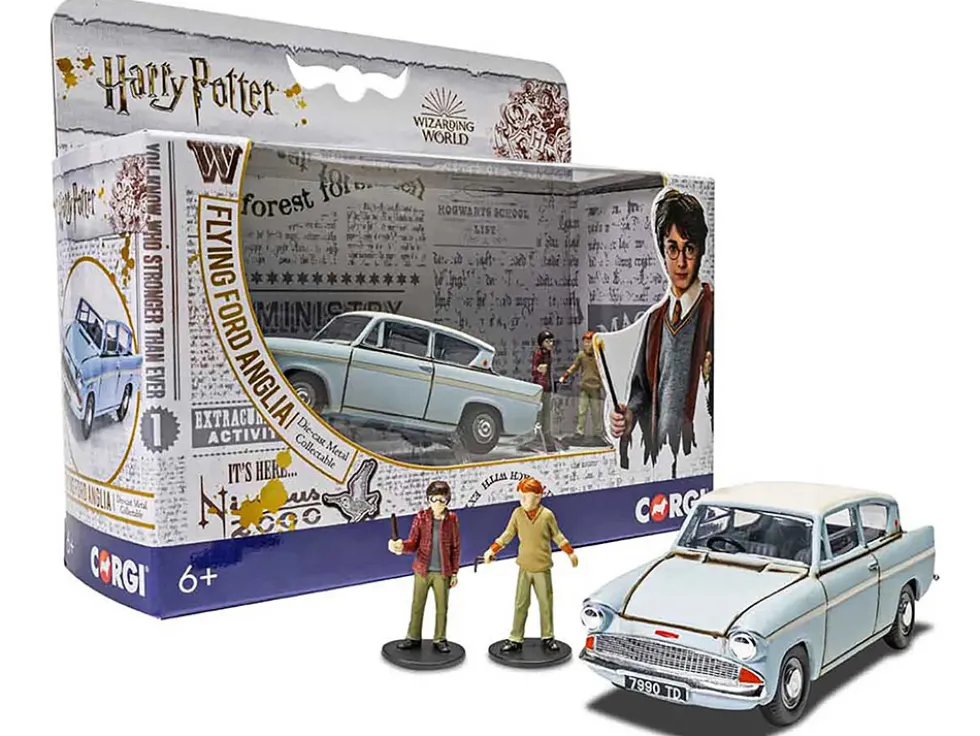 Flying Ford Anglia RHD (Right Hand Drive) Light Blue with White Top (Weathered) with Harry and Ron Figures "Harry Potter" Movie Series Diecast Model Car by Corgi