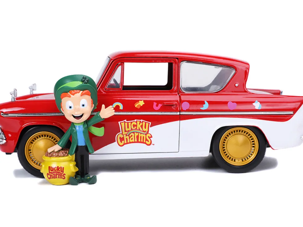 1959 Ford Anglia Red White Lucky the Leprechaun Diecast Figurine Lucky Charms 1/24 Diecast Model Car Jada 32200