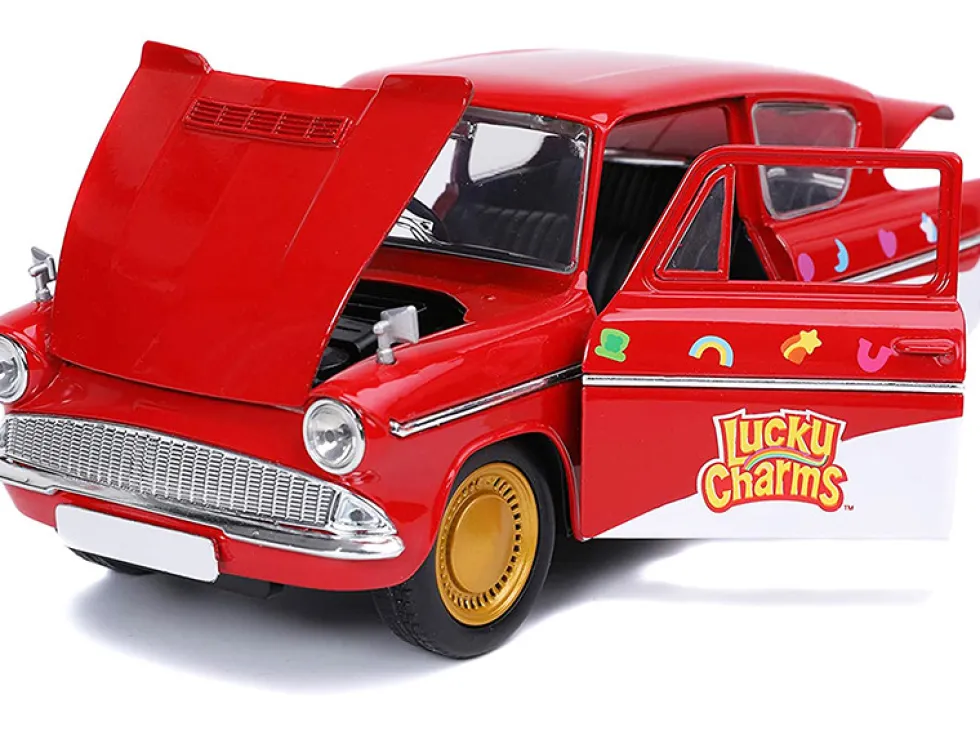 1959 Ford Anglia Red White Lucky the Leprechaun Diecast Figurine Lucky Charms 1/24 Diecast Model Car Jada 32200
