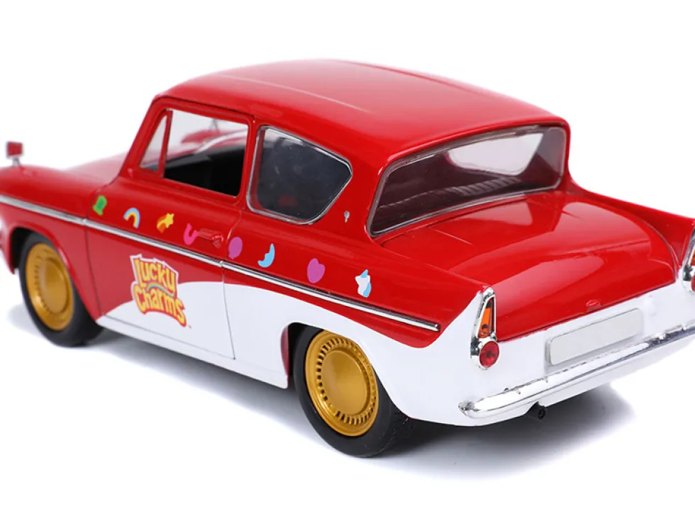 1959 Ford Anglia Red White Lucky the Leprechaun Diecast Figurine Lucky Charms 1/24 Diecast Model Car Jada 32200