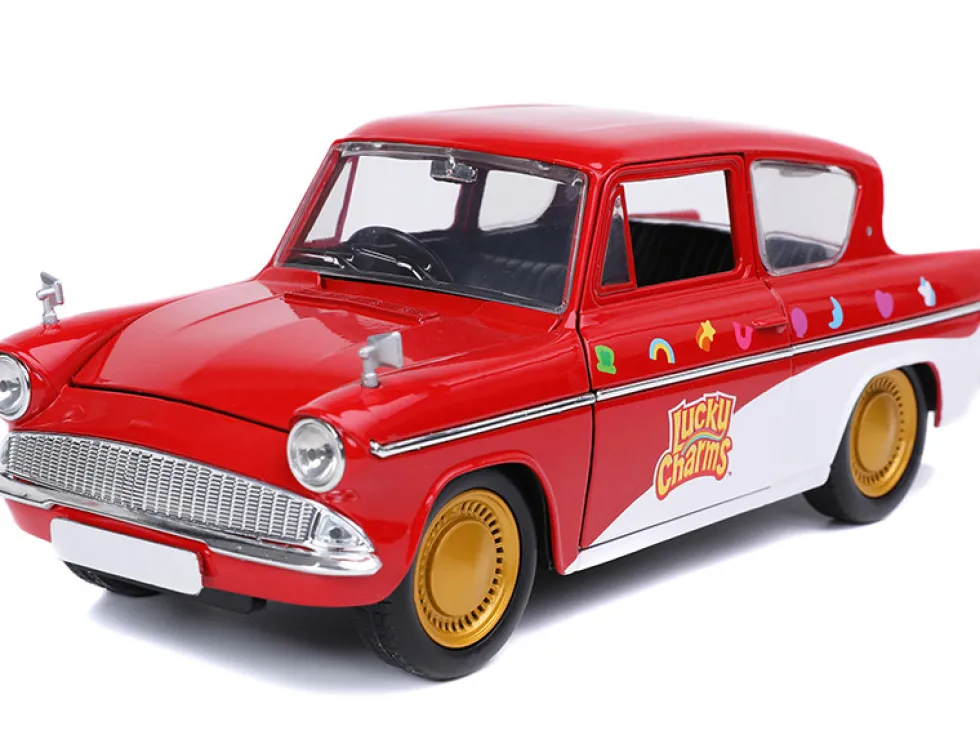1959 Ford Anglia Red White Lucky the Leprechaun Diecast Figurine Lucky Charms 1/24 Diecast Model Car Jada 32200
