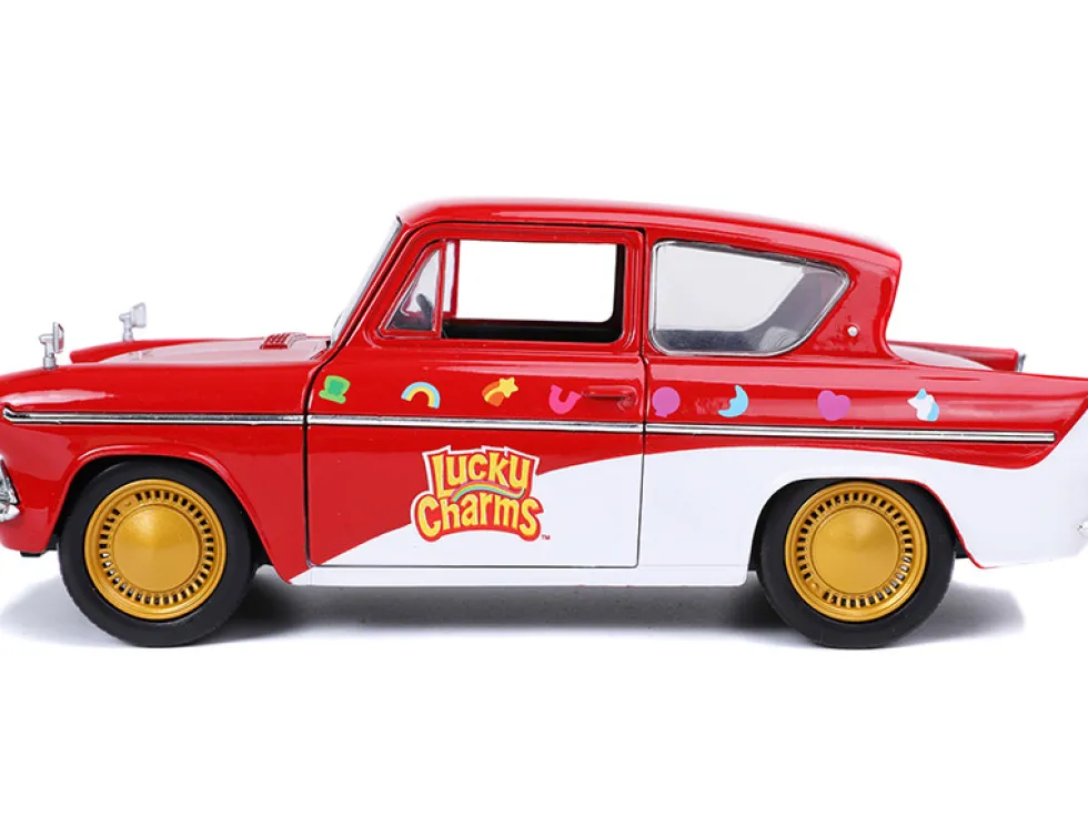 1959 Ford Anglia Red White Lucky the Leprechaun Diecast Figurine Lucky Charms 1/24 Diecast Model Car Jada 32200
