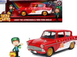 1959 Ford Anglia Red White Lucky the Leprechaun Diecast Figurine Lucky Charms 1/24 Diecast Model Car Jada 32200