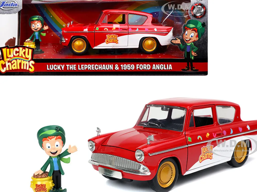 1959 Ford Anglia Red White Lucky the Leprechaun Diecast Figurine Lucky Charms 1/24 Diecast Model Car Jada 32200