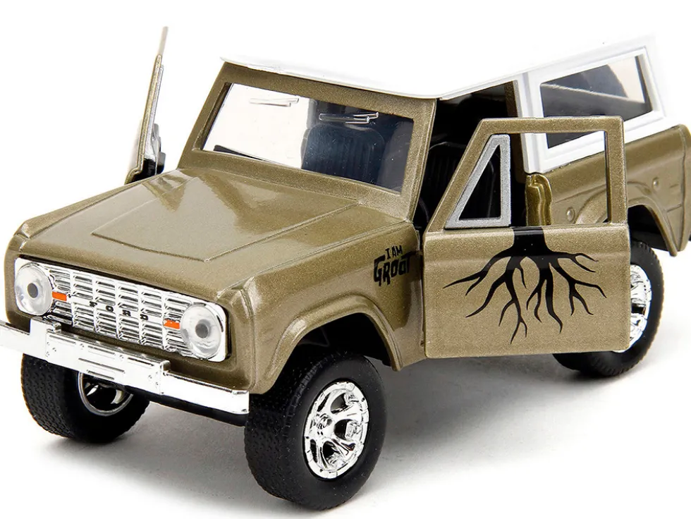 1973 Ford Bronco Gold Metallic with White Top and Groot Diecast Figure Guardians of the Galaxy Marvel Series 1/32 Diecast Model Car Jada 34415