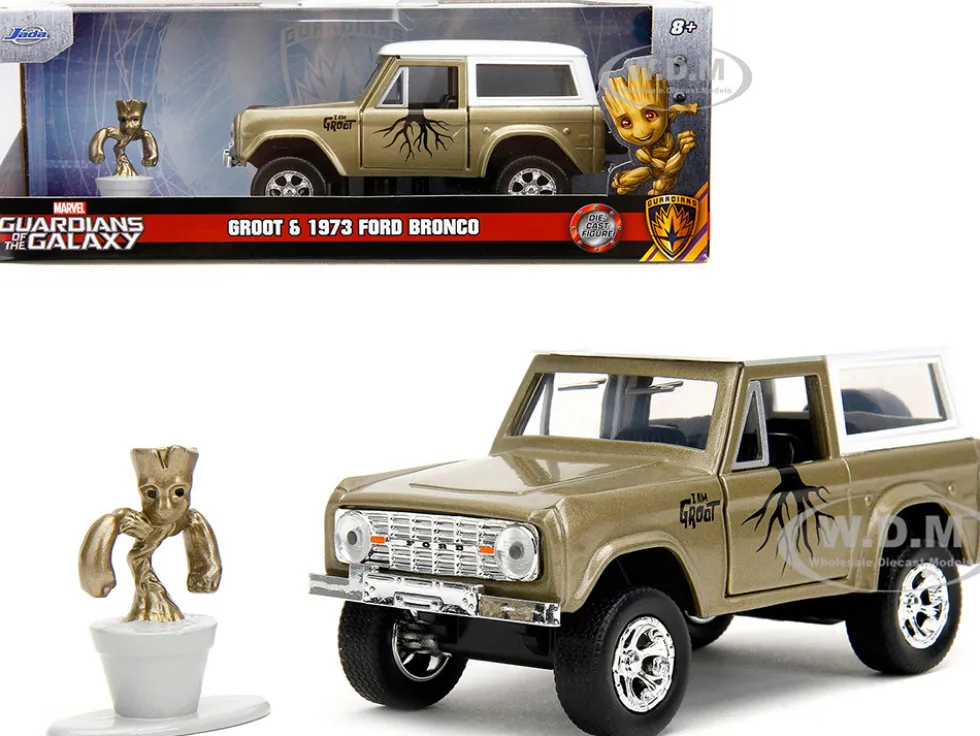 1973 Ford Bronco Gold Metallic with White Top and Groot Diecast Figure Guardians of the Galaxy Marvel Series 1/32 Diecast Model Car Jada 34415