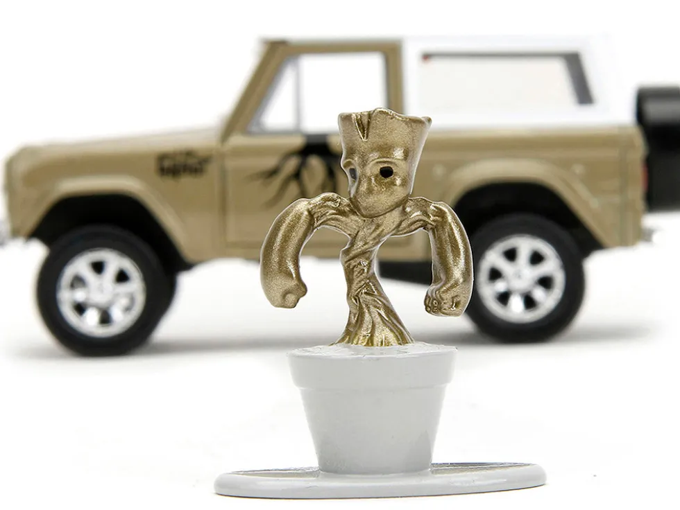 1973 Ford Bronco Gold Metallic with White Top and Groot Diecast Figure Guardians of the Galaxy Marvel Series 1/32 Diecast Model Car Jada 34415