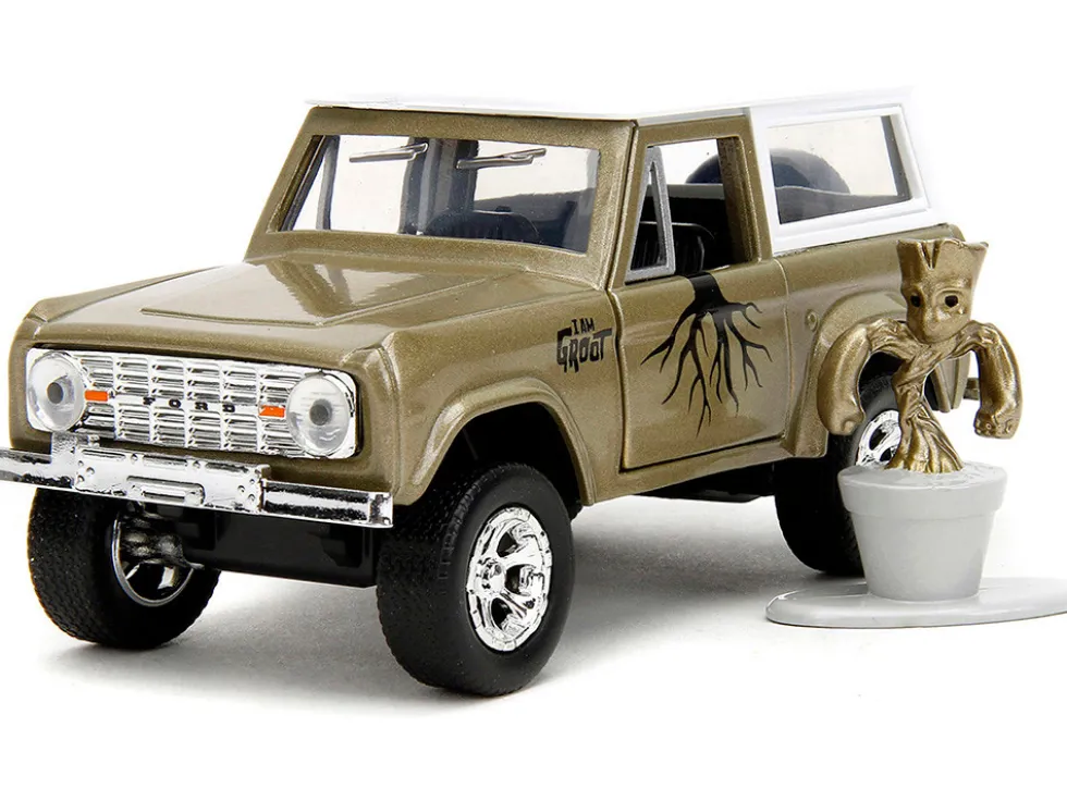 1973 Ford Bronco Gold Metallic with White Top and Groot Diecast Figure Guardians of the Galaxy Marvel Series 1/32 Diecast Model Car Jada 34415